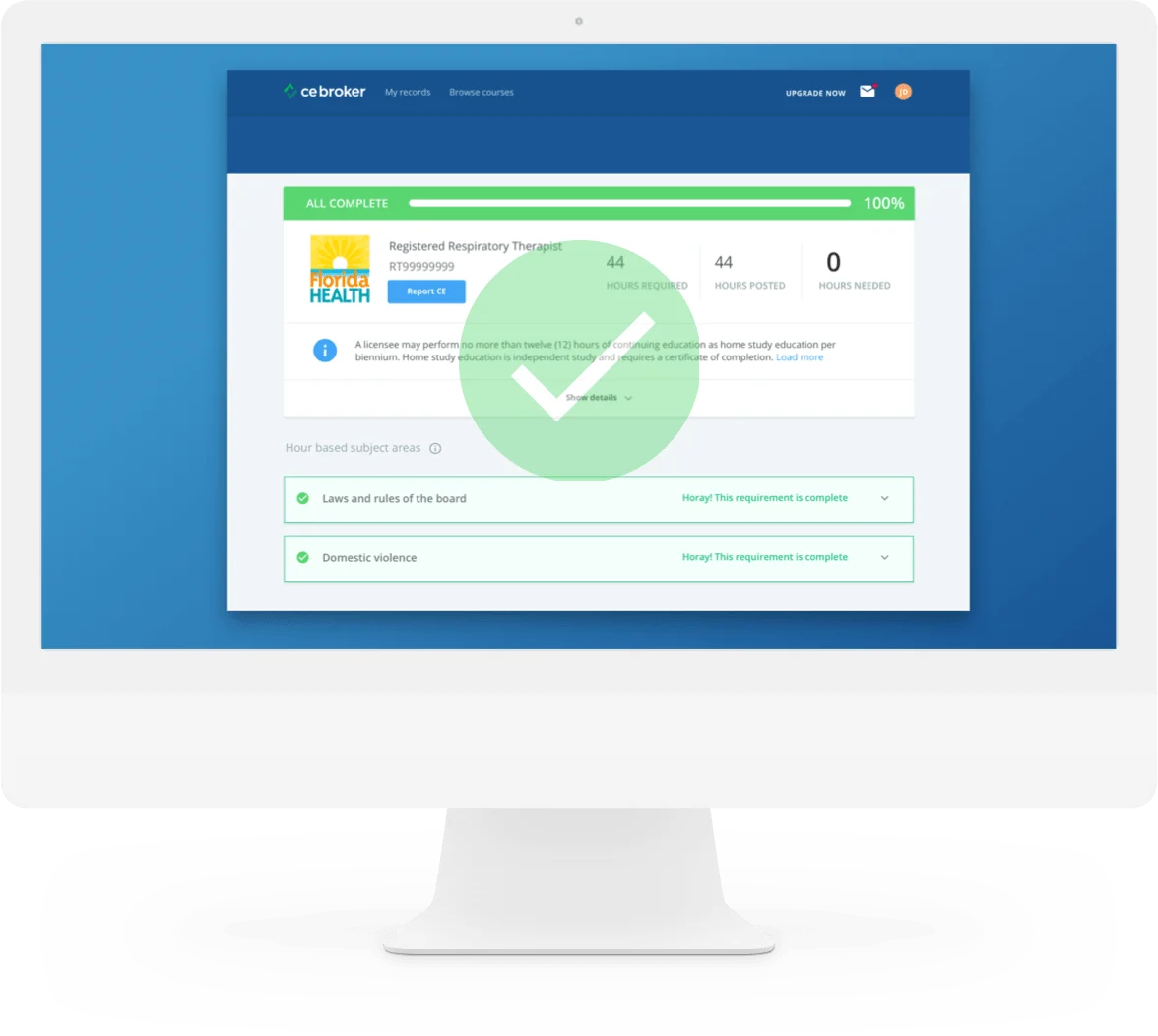 CE Broker dashboard displayed on a desktop computer showing compliance status