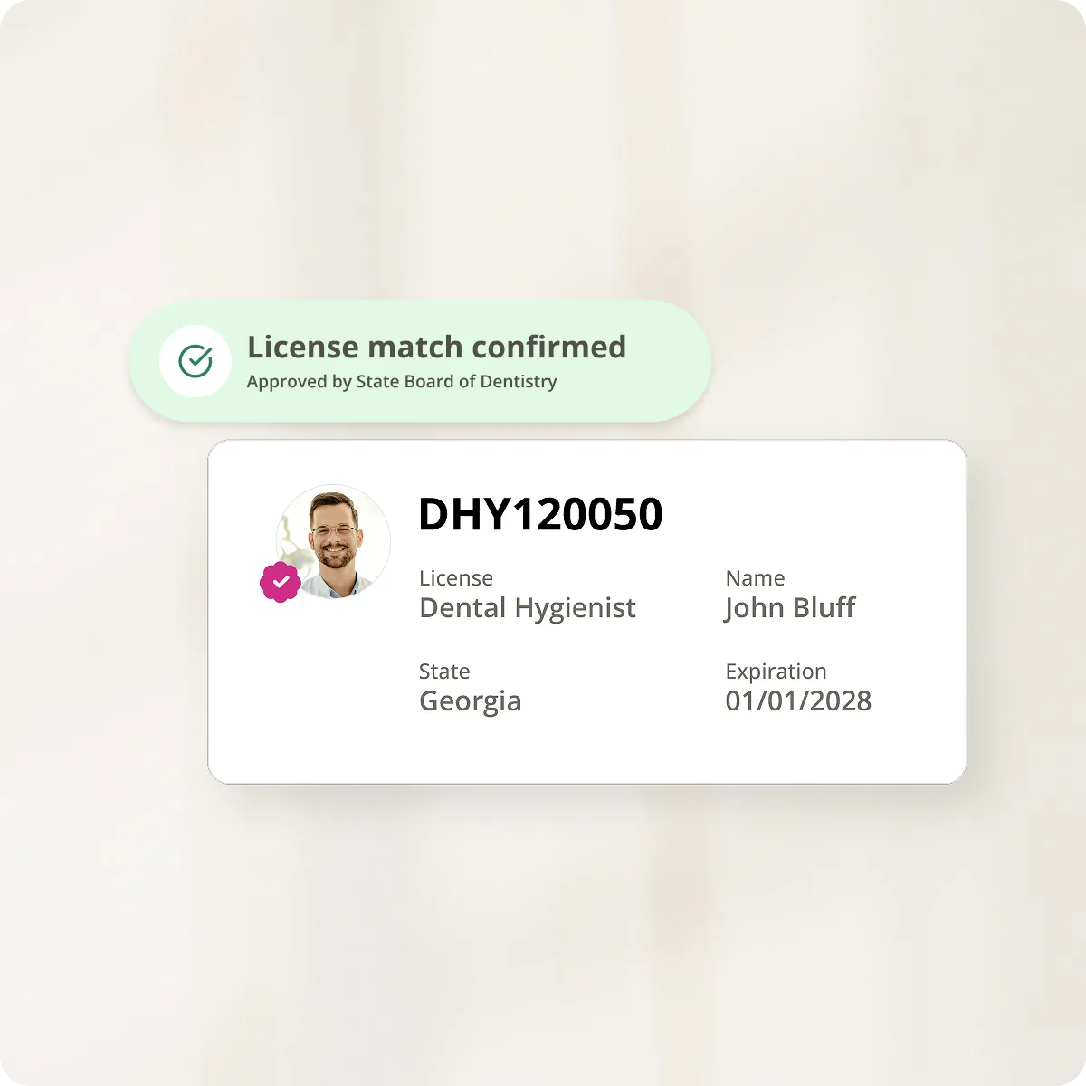 CE Broker license match confirmation showing John Bluff's Georgia Dental Hygienist license approved by the State Board of Dentistry