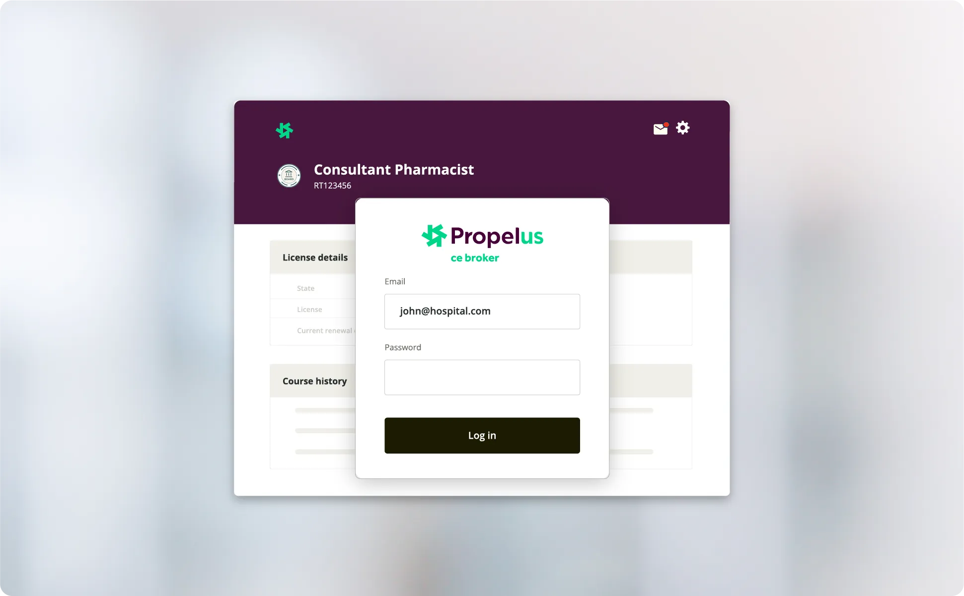 CE Broker Learning login screen layered over a consultant pharmacist license details dashboard