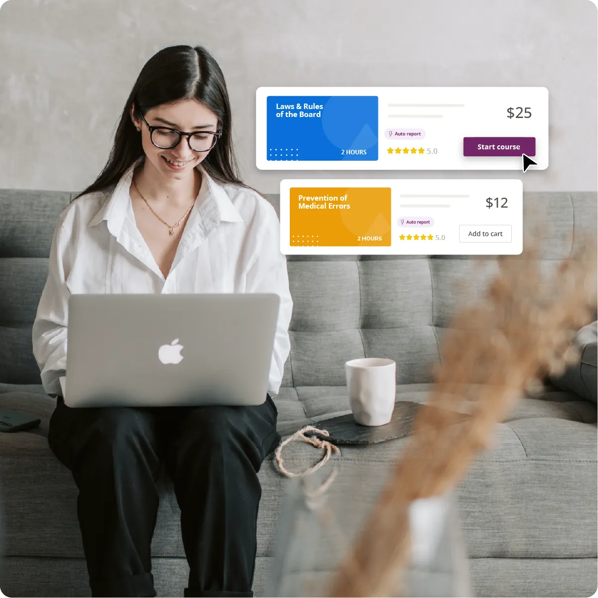 Smiling licensee on a laptop with CE Broker course cards for Laws & Rules of the Board ($25) and Prevention of Medical Errors ($12), both with auto-report and 5.0 ratings