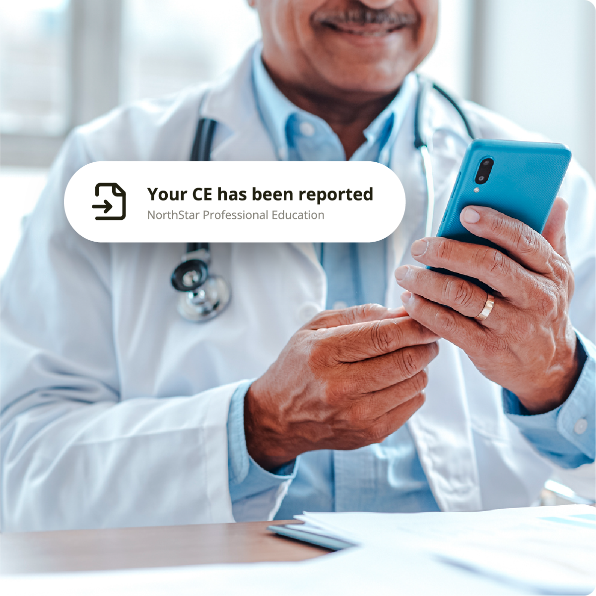 Mobile phone showing CE credit successfully submitted