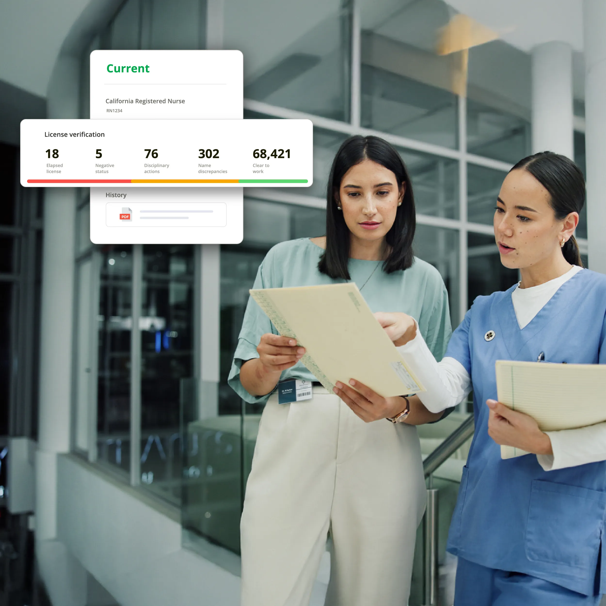Two healthcare workers reviewing paperwork with a California Registered Nurse license verification dashboard overlay