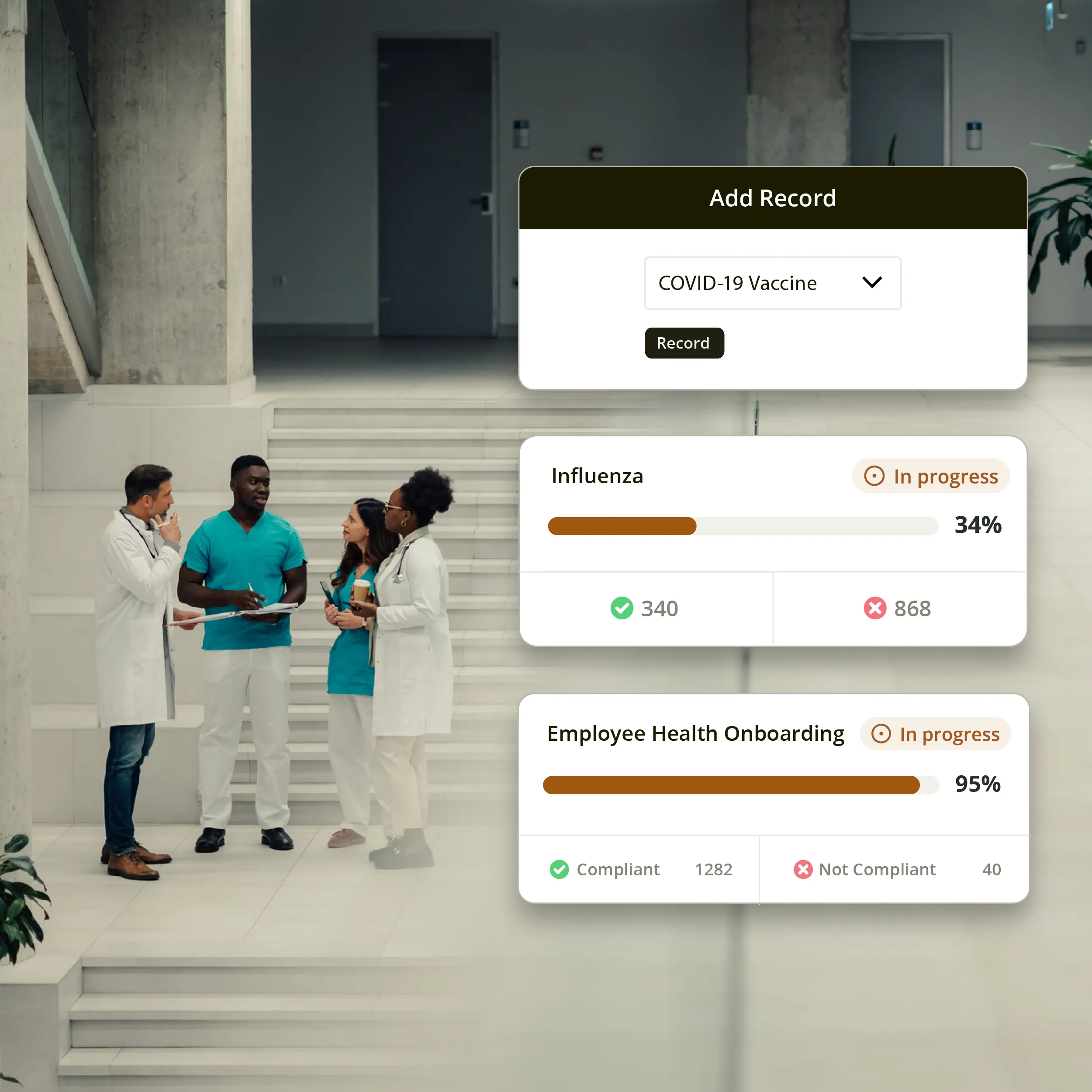 Healthcare team meeting alongside an Immuware overview showing COVID-19, influenza, and employee health onboarding tracking