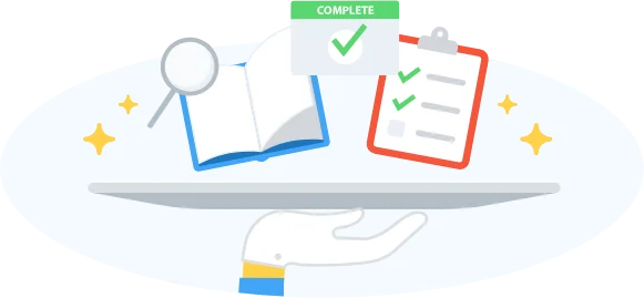 Hand serving courses on a platter with completion checkmarks