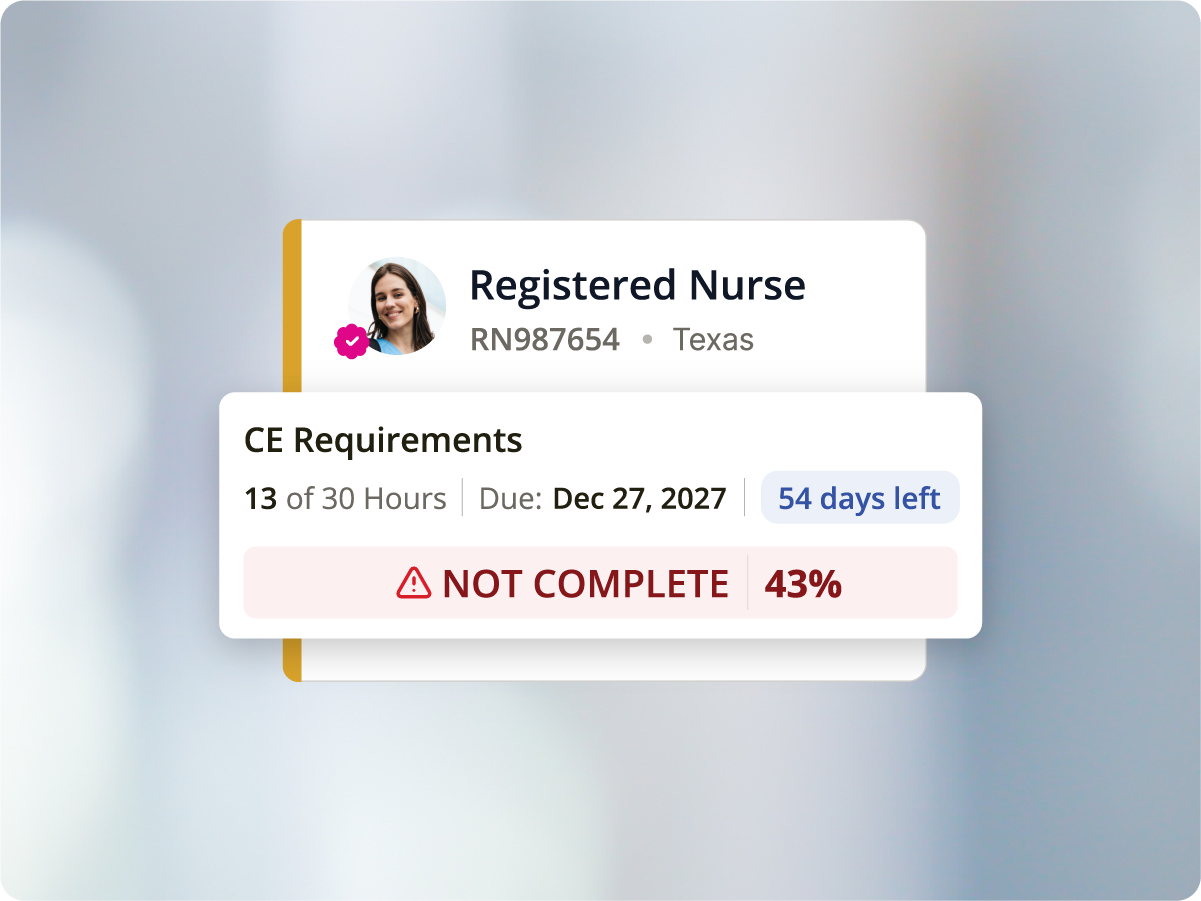 CE Compliance Transcript with auto-calculated remaining requirements