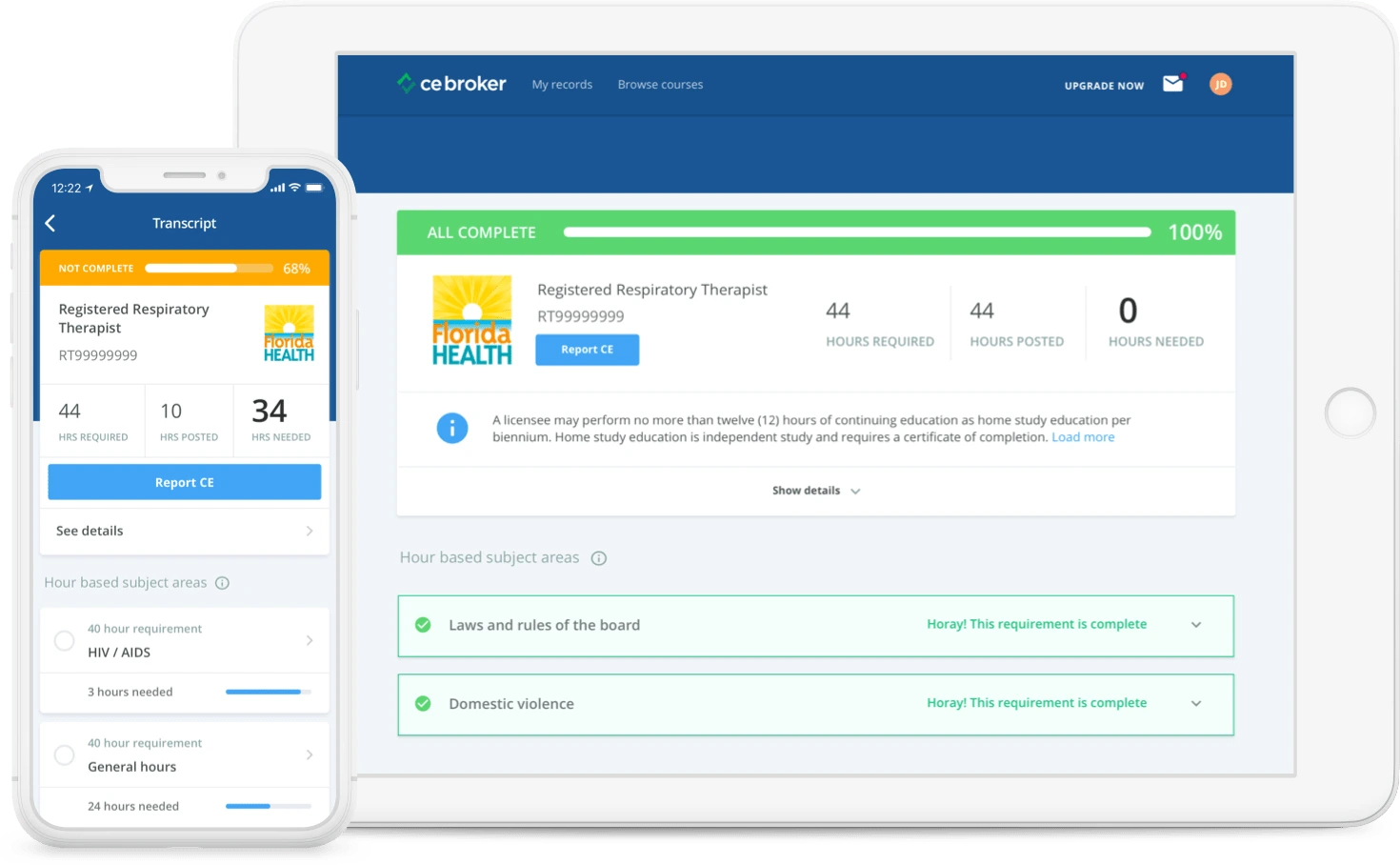 CE Broker dashboard displayed on desktop, tablet, and mobile devices