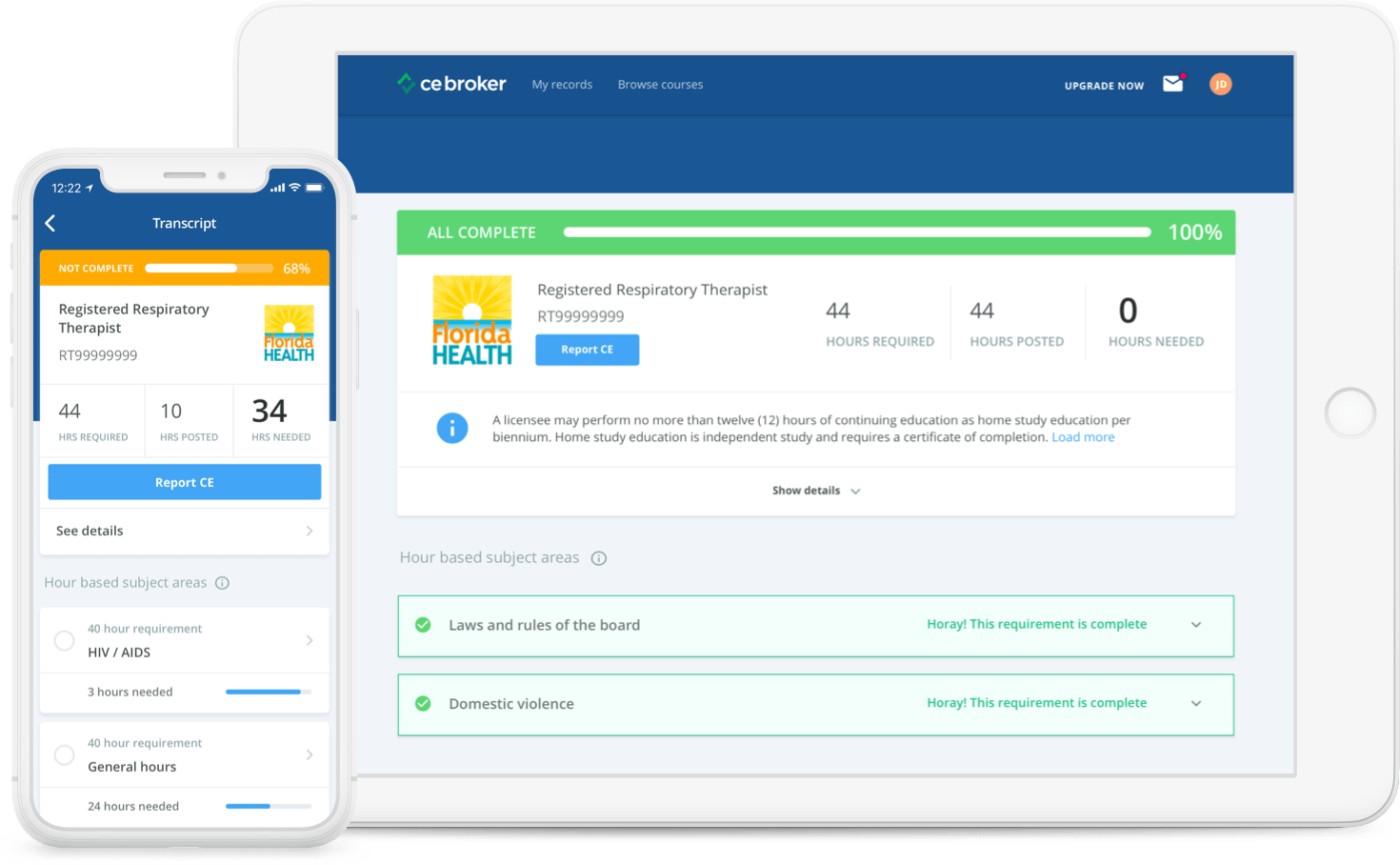 CE Broker dashboard displayed on desktop, tablet, and mobile devices